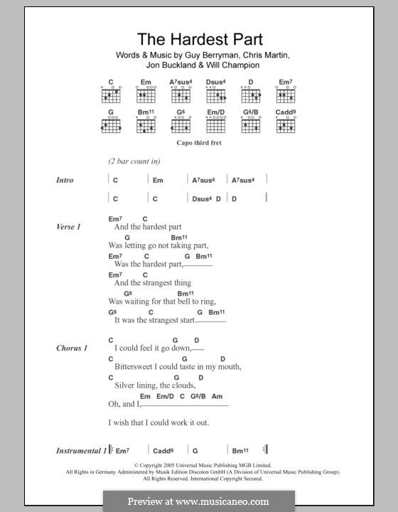 The Hardest Part (Coldplay): Lyrics and chords by Chris Martin, Guy Berryman, Jonny Buckland, Will Champion