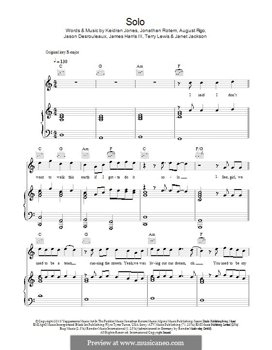 Solo (Iyaz): For voice and piano (or guitar) by August Rigo, James Samuel Harris III, Janet Jackson, Jason Desrouleaux, Jonathan Rotem, Keidran Jones, Terry Lewis