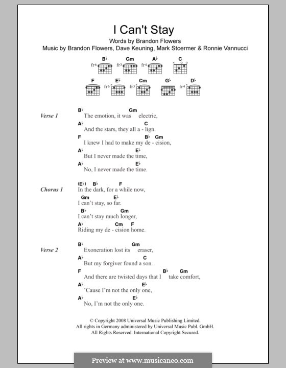 I can't Stay (The Killers): Lyrics and chords by Brandon Flowers, Dave Keuning, Mark Stoermer, Ronnie Vannucci