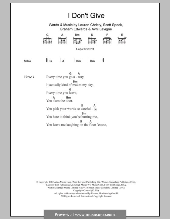 I Don't Give: Lyrics and chords by Avril Lavigne, Graham Edwards, Lauren Christy, Scott Spock