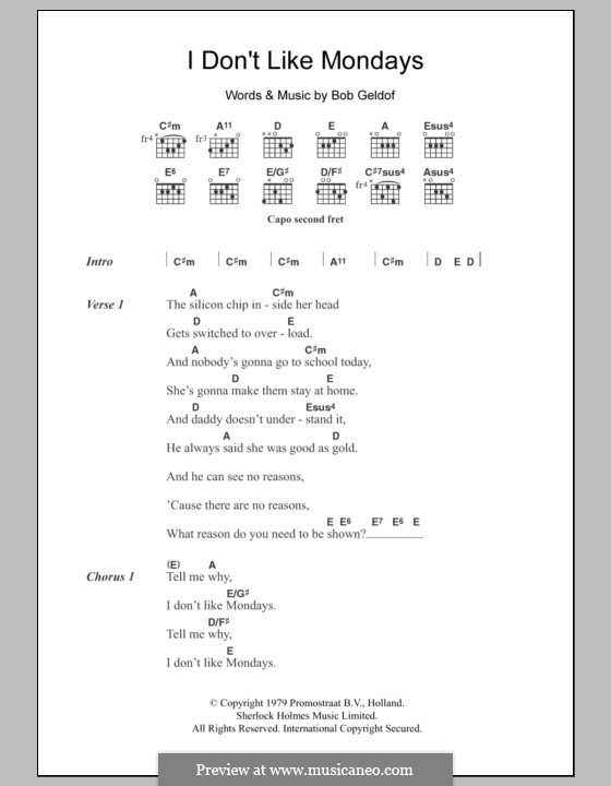 I Don't Like Mondays (The Boomtown Rats): Lyrics and chords by Bob Geldof