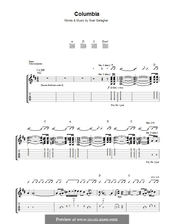 Columbia (Oasis): For guitar with tab by Noel Gallagher