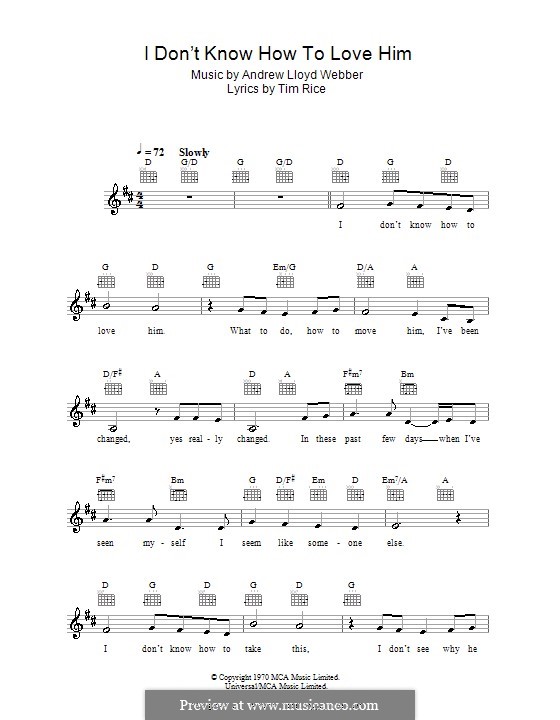 I Don't Know How to Love Him: Melody line, lyrics and chords by Andrew Lloyd Webber