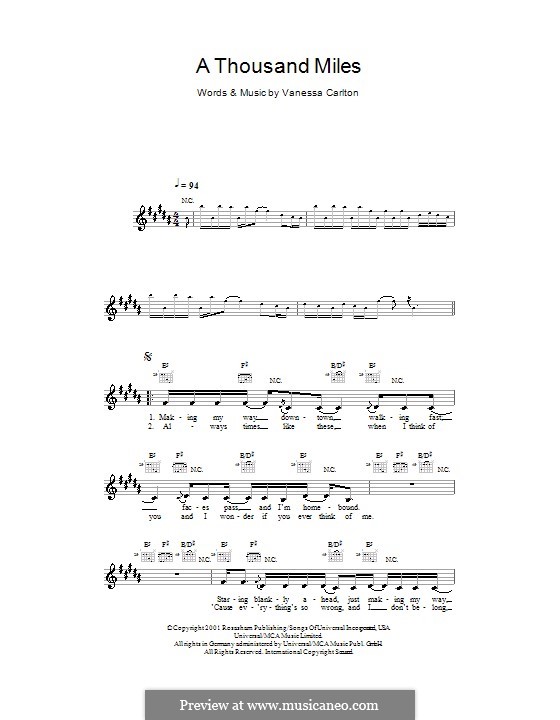 A Thousand Miles: Melody line, lyrics and chords by Vanessa Carlton