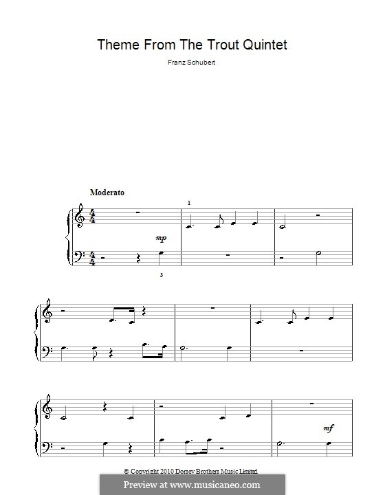 Quintet for Strings and Piano 'The Trout', D.667 Op.114: Movement IV (Theme). Version for piano (high quality sheet music) by Franz Schubert