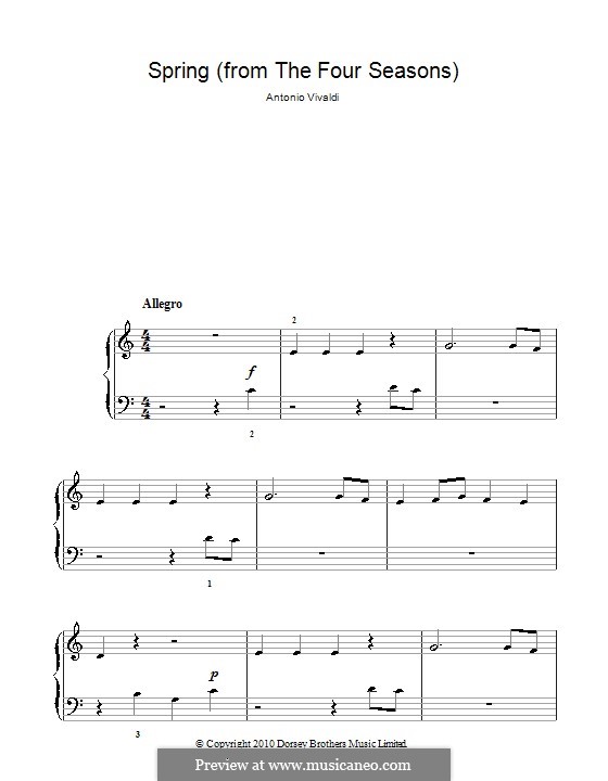 Violin Concerto No.1 in E Major 'La primavera' (Printable Scores), RV 269: Movement I (Theme), for easy piano by Antonio Vivaldi