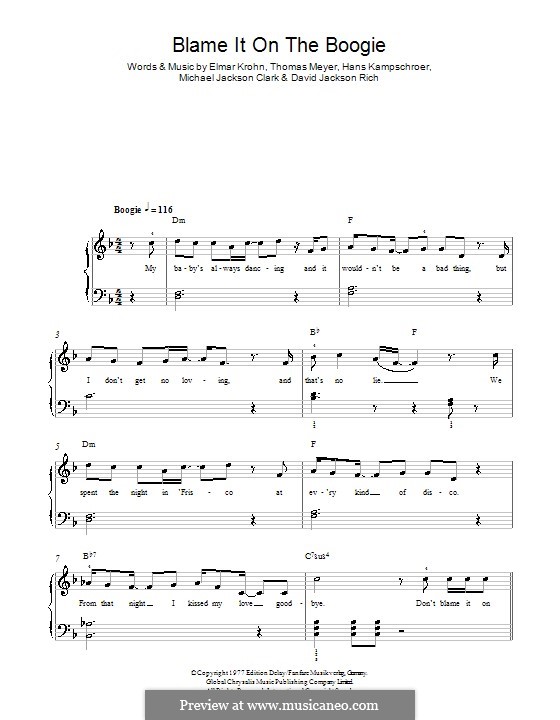 Blame It on the Boogie (The Jackson 5): For easy piano by David Jackson Rich, Elmar Krohn, Hans Kampschroer, Michael Jackson Clark, Thomas Meyer