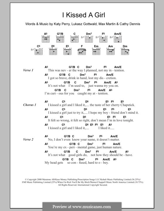 I Kissed a Girl: Lyrics and chords by Cathy Dennis, Katy Perry, Lukas Gottwald, Max Martin