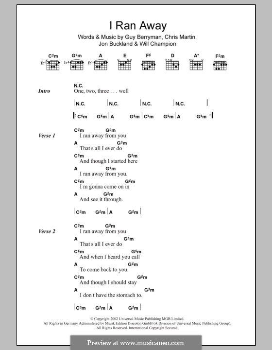 I Ran Away (Coldplay): Lyrics and chords by Chris Martin, Guy Berryman, Jonny Buckland, Will Champion