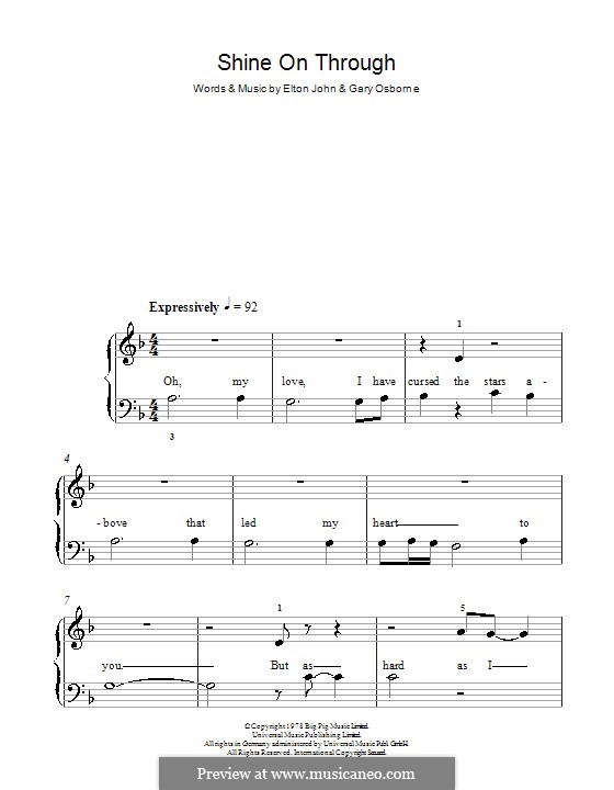 Shine on Through: For easy piano by Elton John, Gary Osborne