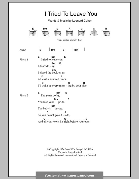 I Tried to Leave You: Lyrics and chords by Leonard Cohen