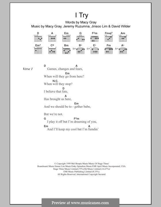 I Try: Lyrics and chords by David Wilder, Jeremy Ruzumna, Jinsoo Lim, Macy Gray