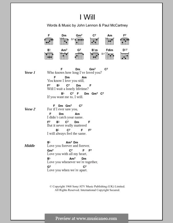 I Will (The Beatles): Lyrics and chords by John Lennon, Paul McCartney