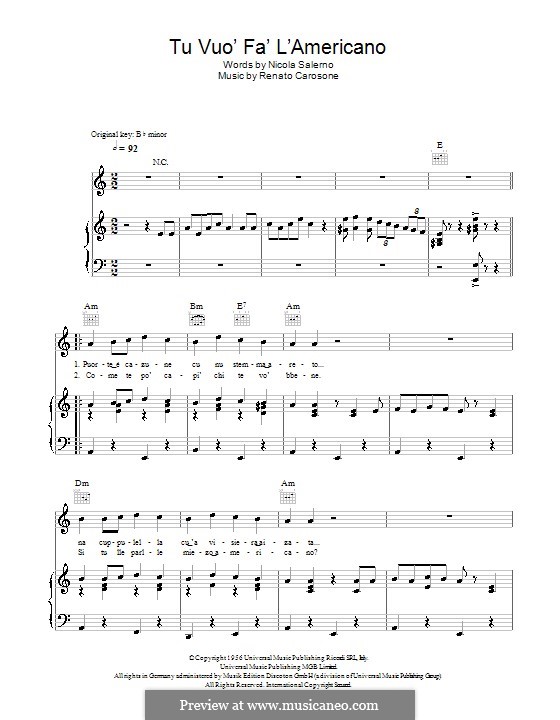 Tu Vuò Fà L'Americano: For voice and piano (or guitar) by Renato Carosone