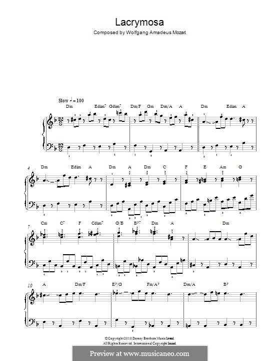 Lacrimosa: For piano by Wolfgang Amadeus Mozart