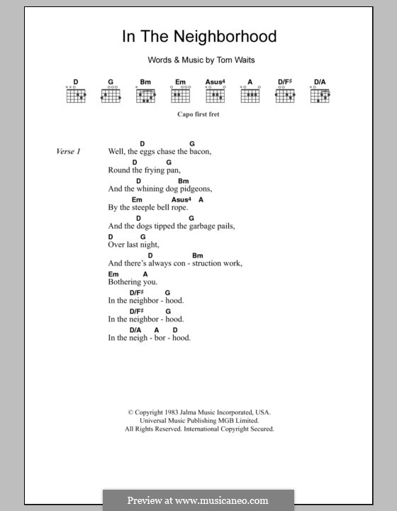 In the Neighborhood: Lyrics and chords by Tom Waits