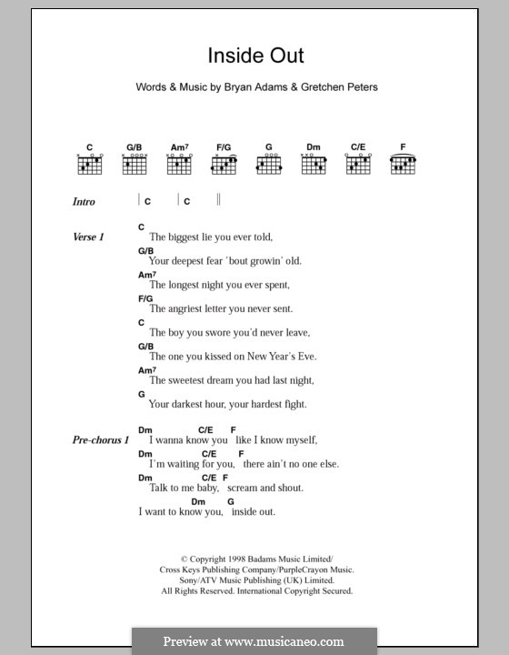 Inside Out: Lyrics and chords by Bryan Adams, Gretchen Peters