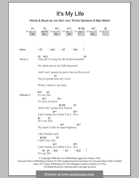 It's My Life (Bon Jovi): Lyrics and chords by Jon Bon Jovi, Max Martin, Richie Sambora