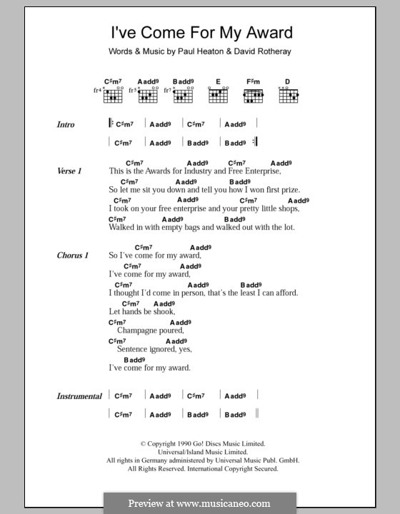 I've Come for My Award (The Beautiful South): Lyrics and chords by David Rotheray, Paul Heaton