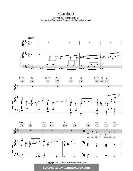 Cantico (Andrea Bocelli): For voice and piano by Mauro Malavasi, Pierpaolo Guerrini