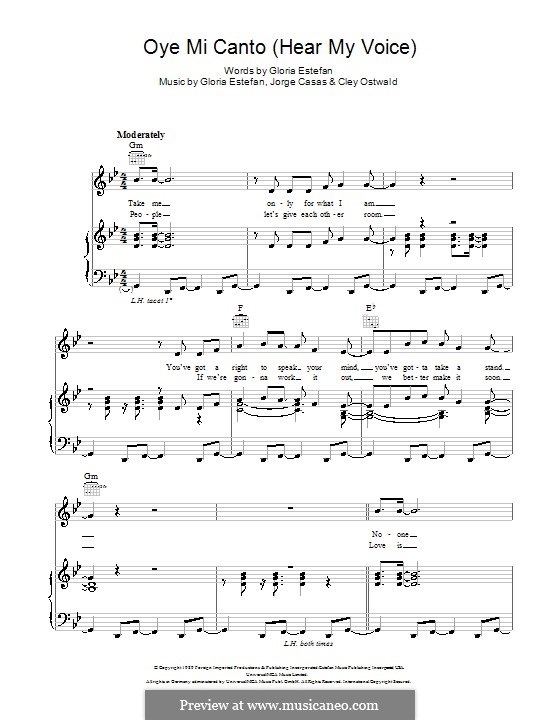 Oye Mi Canto (Hear My Voice): For voice and piano (or guitar) by Cley Ostwald, Gloria M. Estefan, Jorge Casas
