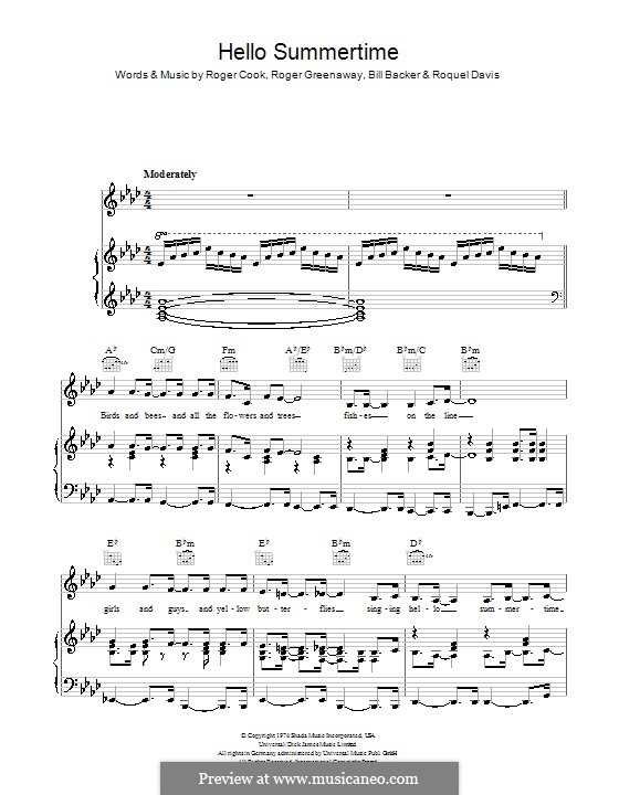 Hello Summertime (Bobby Goldsboro): For voice and piano (or guitar) by Bill Backer, Roger Cook, Roger Greenaway, Roquel Davis
