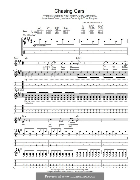 Chasing Cars (Snow Patrol): For guitar by Gary Lightbody, Jonathan Quinn, Nathan Connolly, Paul Wilson, Tom Simpson