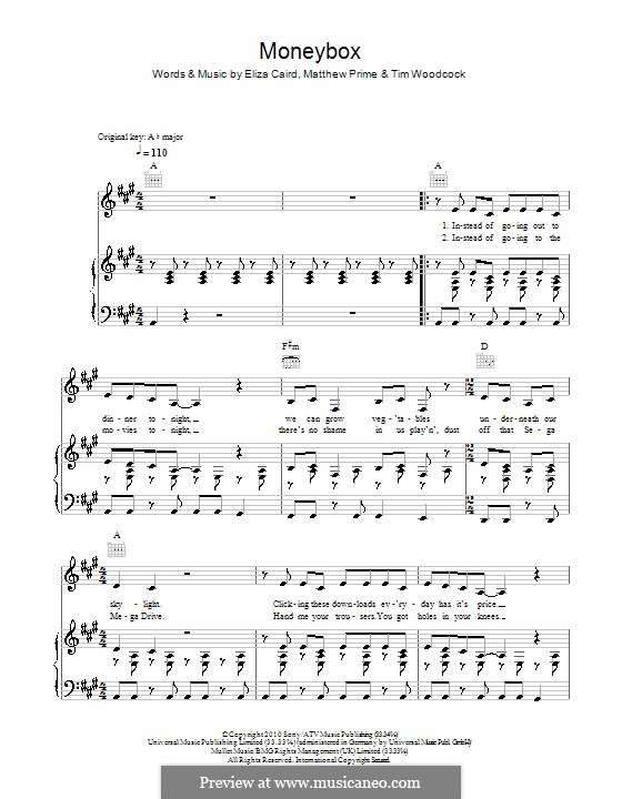 Moneybox (Eliza Doolittle): For voice and piano (or guitar) by Eliza Caird, Matthew Prime, Timothy Woodcock