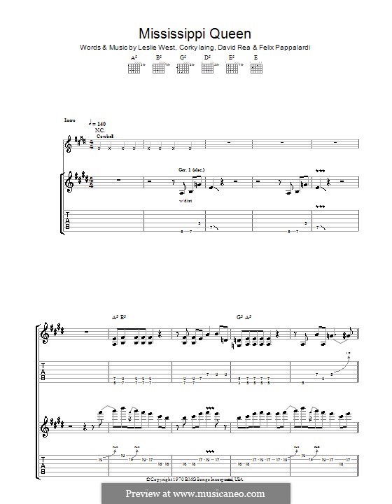 Mississippi Queen (Mountain): For guitar with tab by Corky Laing, David Rea, Felix Pappalardi, Leslie West