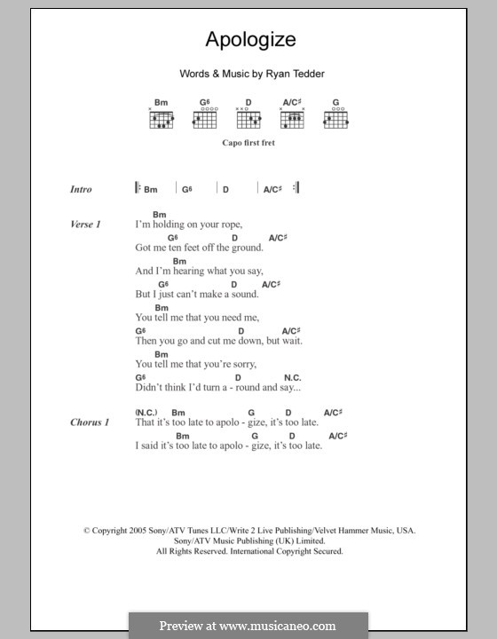 Apologize (OneRepublic): Lyrics and chords by Ryan B Tedder