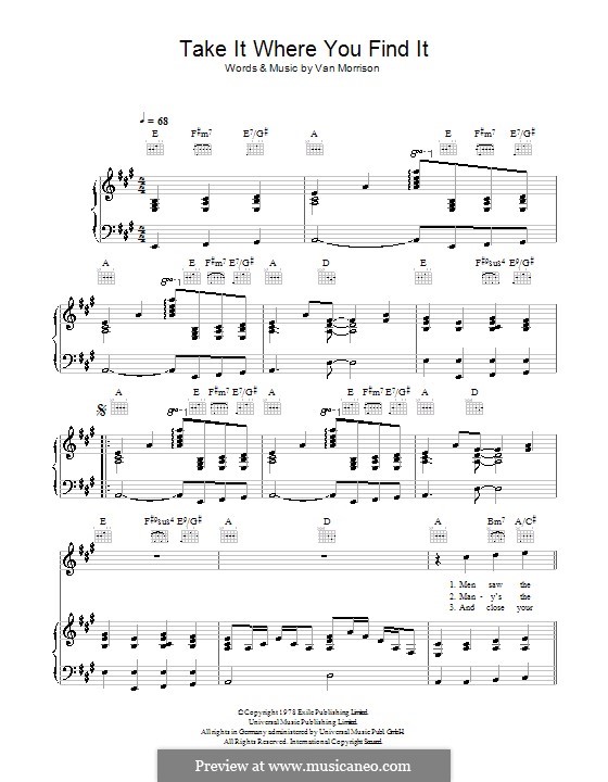 Take It Where You Find It: For voice and piano (or guitar) by Van Morrison