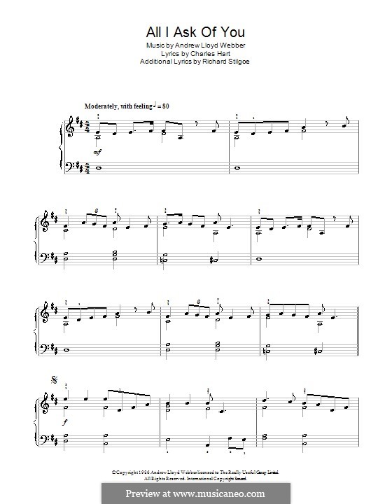 All I Ask of You, for piano: D Major by Andrew Lloyd Webber
