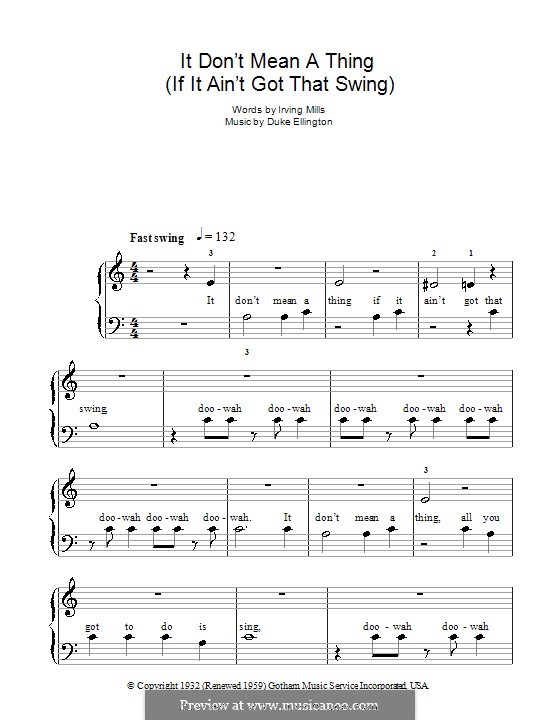 It Don't Mean a Thing (If It Ain't Got That Swing): For easy piano by Irving Mills, Duke Ellington