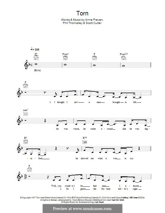 Torn (Natalie Imbruglia): Melody line, lyrics and chords by Anne Preven, Phil Thornalley, Scott Cutler