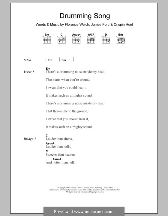 Drumming Song (Florence and The Machine): Lyrics and chords by James S. Ford, Crispin Hunt, Florence Welch