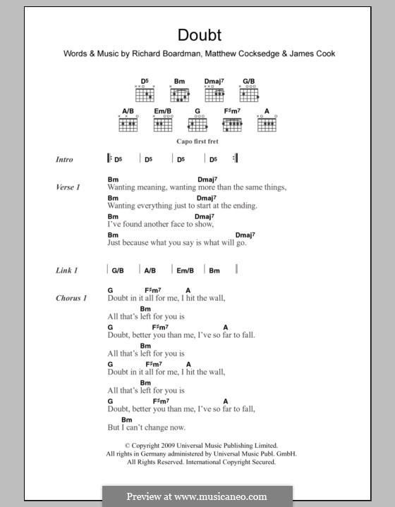 Doubt (Delphic): Lyrics and chords by James Cook, Matthew Cocksedge, Richard Boardman