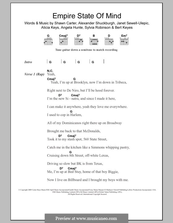 Empire State of Mind: Lyrics and chords by Alexander Shuckburgh, Alicia Keys, Angela Hunte, Bert Keyes, Janet Sewell-Ulepic, Jay-Z, Sylvia Robinson