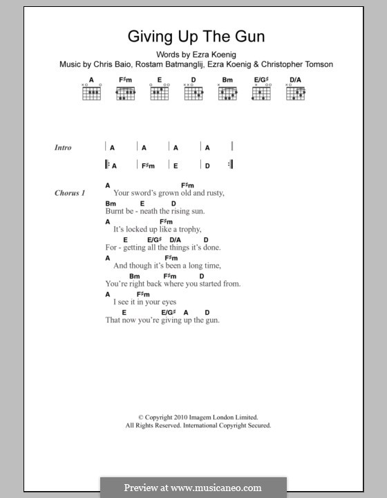 Giving Up the Gun (Vampire Weekend): Lyrics and chords by Chris Baio, Christopher Tomson, Ezra Koenig, Rostam Batmanglij
