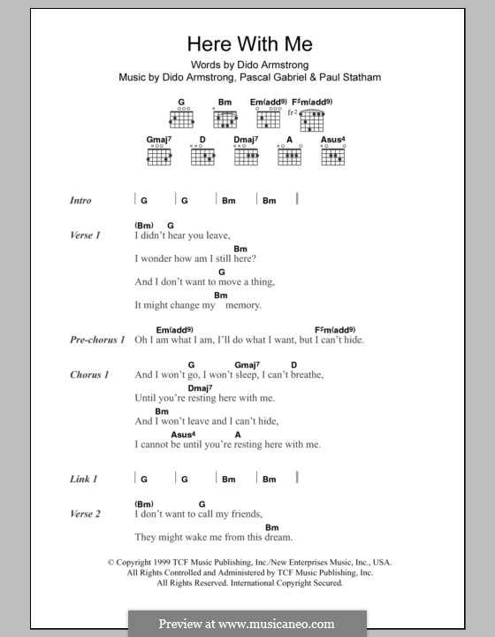 Here with Me (Dido): Lyrics and chords by Dido Armstrong, Pascal Gabriel, Paul Statham