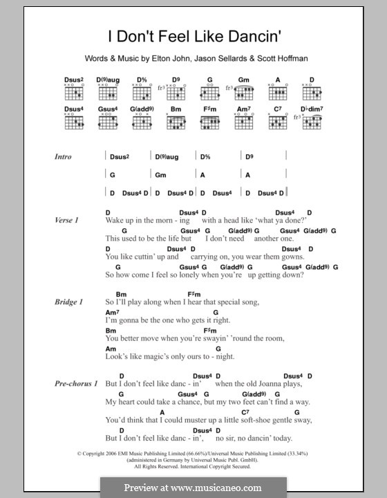 I don't Feel Like Dancin' (Scissor Sisters): Lyrics and chords by Elton John, Jason Sellards, Scott Hoffman