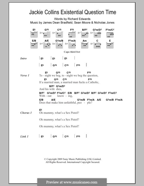 Jackie Collins Existential Question Time (The Manic Street Preachers): Lyrics and chords by James Dean Bradfield, Nicholas Jones, Sean Moore