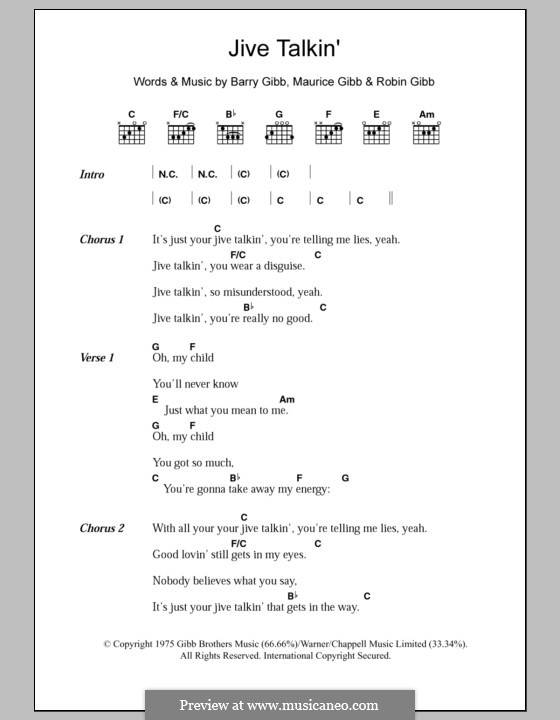 Jive Talkin' (The Bee Gees): Lyrics and chords by Barry Gibb, Maurice Gibb, Robin Gibb