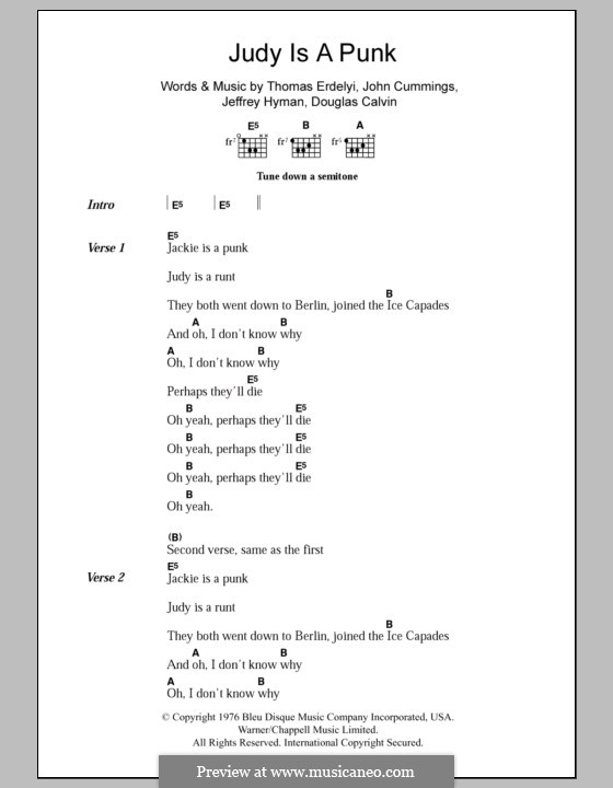 Judy Is a Punk (The Ramones): Lyrics and chords by Douglas Calvin, Jeffrey Hyman, John Cummings, Thomas Erdelyi