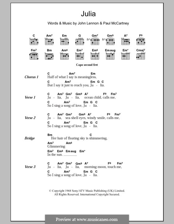 Julia (The Beatles): Lyrics and chords by John Lennon, Paul McCartney