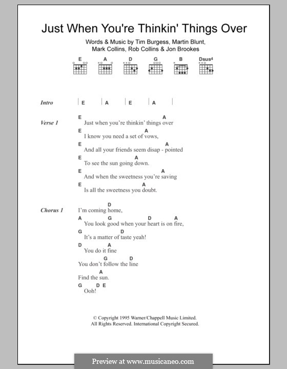 Just When You're Thinkin' Things Over (The Charlatans): Lyrics and chords by Jon Brookes, Mark Collins, Martin Blunt, Robert Collins, Timothy Burgess