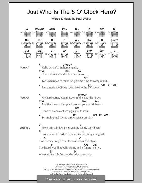 Just Who Is the 5 O'Clock Hero? (The Jam): Lyrics and chords by Paul Weller