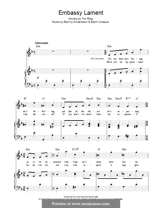 Embassy Lament (from Chess): For voice and piano (or guitar) by Benny Andersson, Björn Ulvaeus