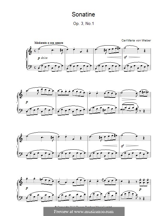 Six Easy Pieces for Piano Four Hands, J.9–14 Op.3: No.1 Sonatina, for piano by Carl Maria von Weber