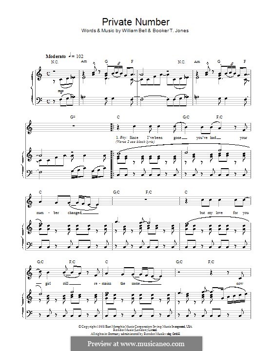 Private Number (William Bell & Judy Clay): For voice and piano (or guitar) by Booker T. Jones, William Bell