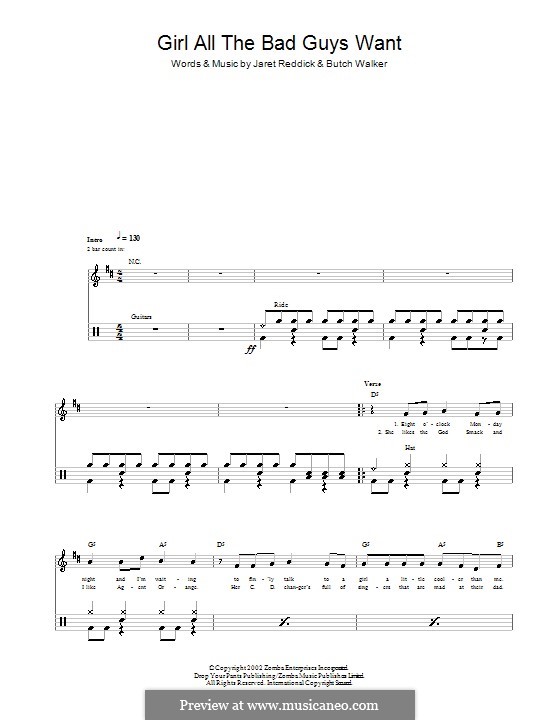 Girl All the Bad Guys Want (Bowling for Soup): For drums by Butch Walker, Jaret Reddick
